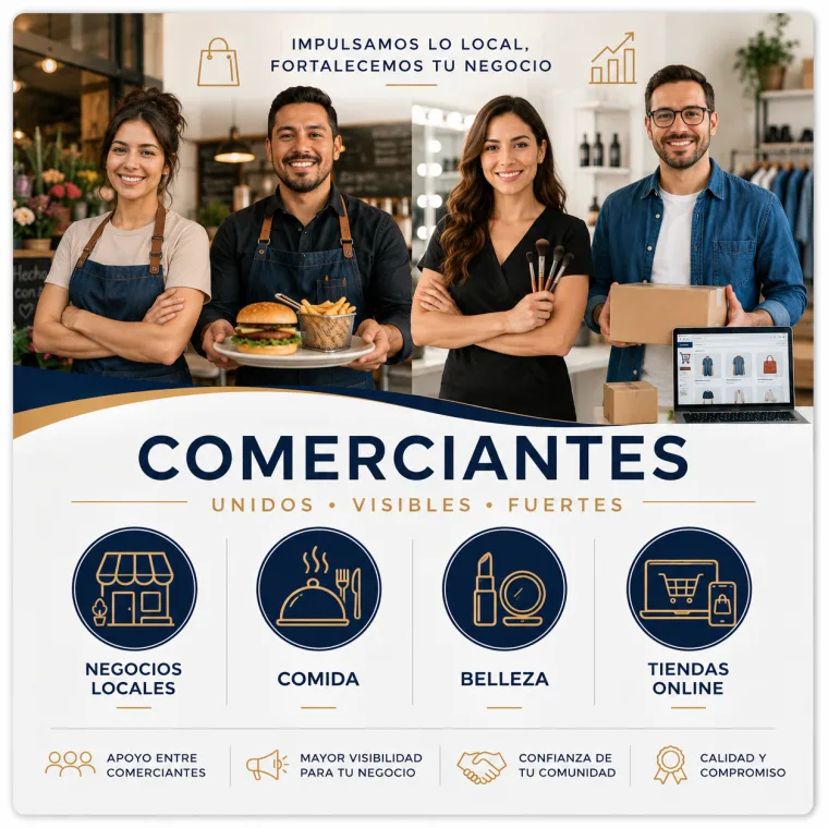 Comerciantes — negocios locales, comida, belleza, tiendas online.